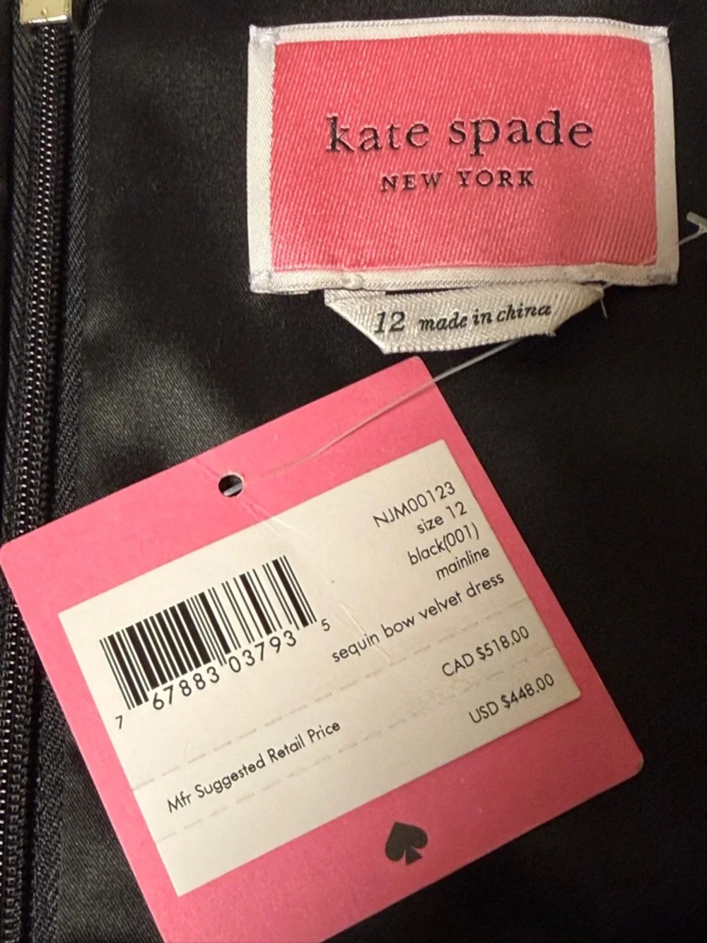 KATE SPADE SEQUIN BOW BLACK VELVET DRESS W/POCKETS SIZE 12 NWT LINED - Picture 4 of 8